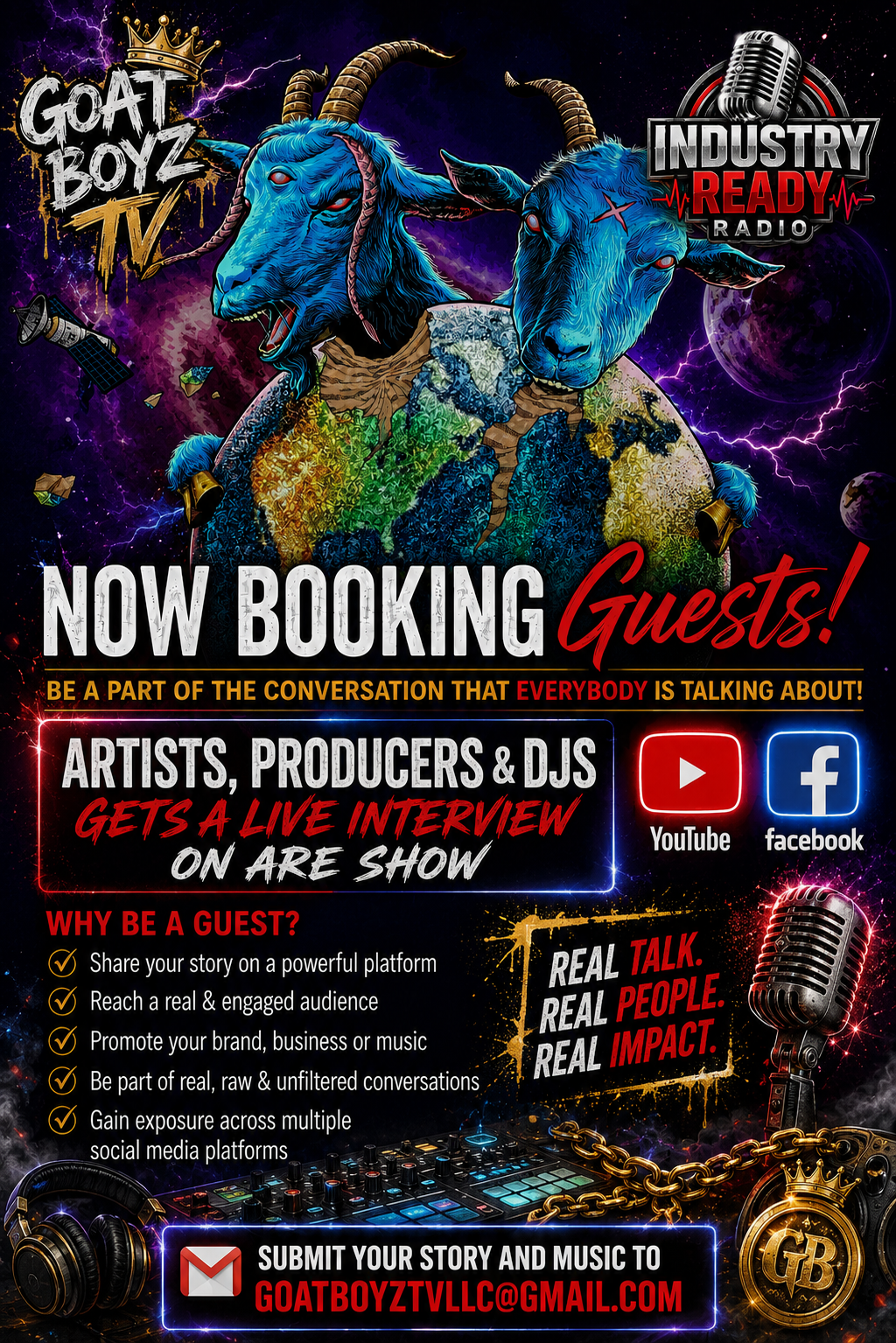 Now Booking Guests flyer for Goat Boyz TV and Industry Ready Radio