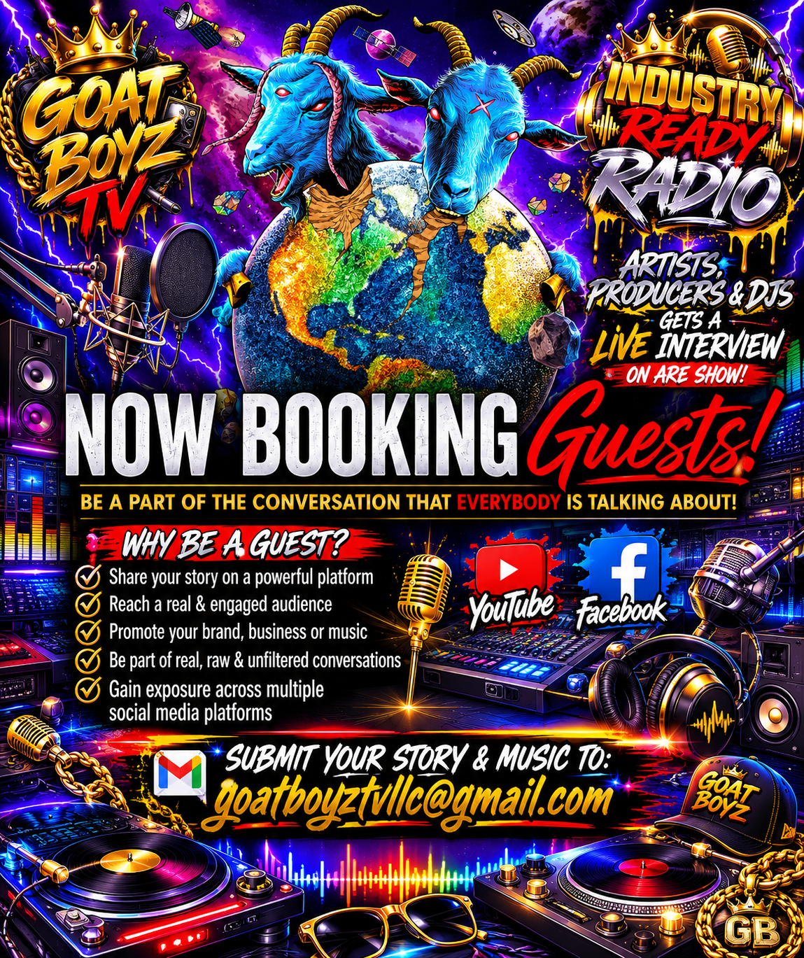 Alternate Now Booking Guests flyer for Goat Boyz TV and Industry Ready Radio