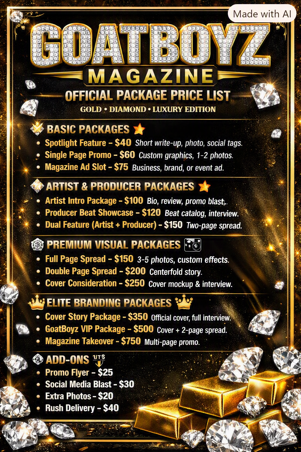 GOATBOYZ Magazine official package price list